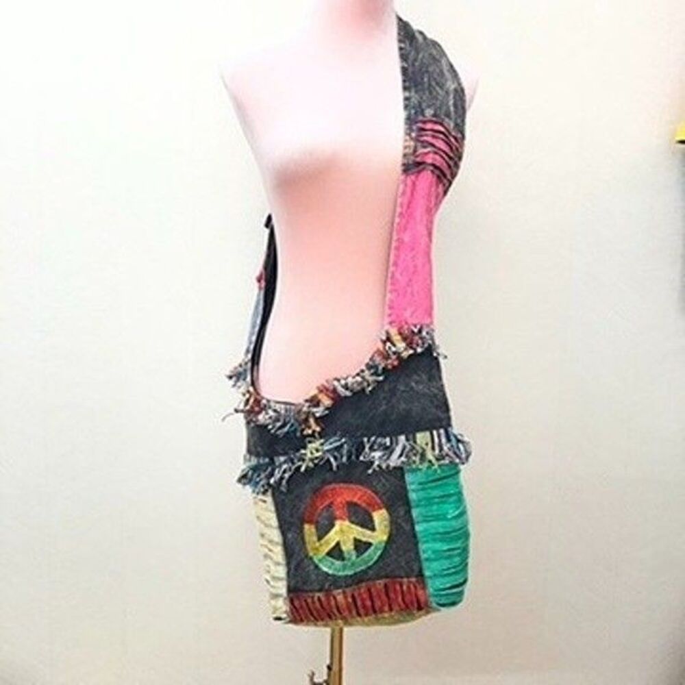Boho Peace Sign Hippie Patchwork Multicolor Crossbody Hobo Shoulder Bag Womens
